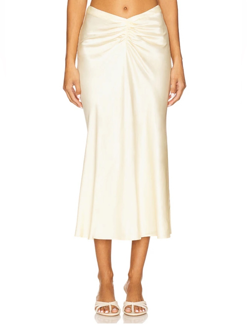 LPA Elinor Midi Skirt Butter Yellow Cream Satin Ruched-Front Revolve S